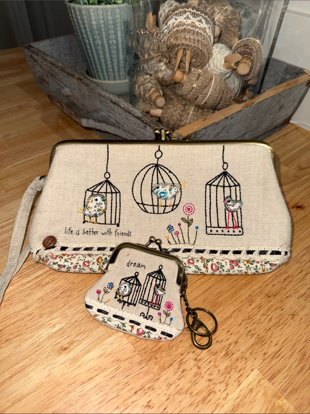 Natural Life Canvas Bird Cage Print Coin Purse & Keyring Set - Beige